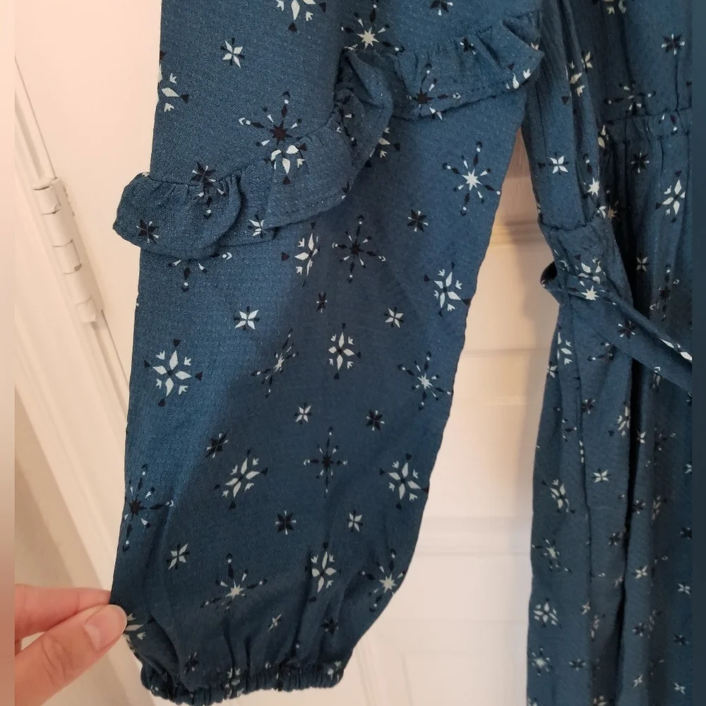 Teal Stamp Print Flutter Long Sleeve Faux Wrap Dress - Knox Rose - Picture 6 of 8